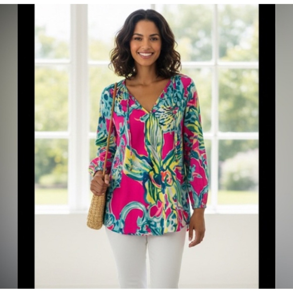 Lilly Pulitzer Womens‎ XS Willa Top Magenta Hottie Floral Print Tie Neck